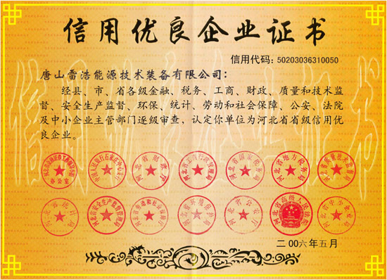 Certificate of Excellent Credit Enterprise of Hebei Province